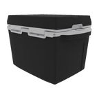 Small black hard cooler from the back corner, showing the lid hinges