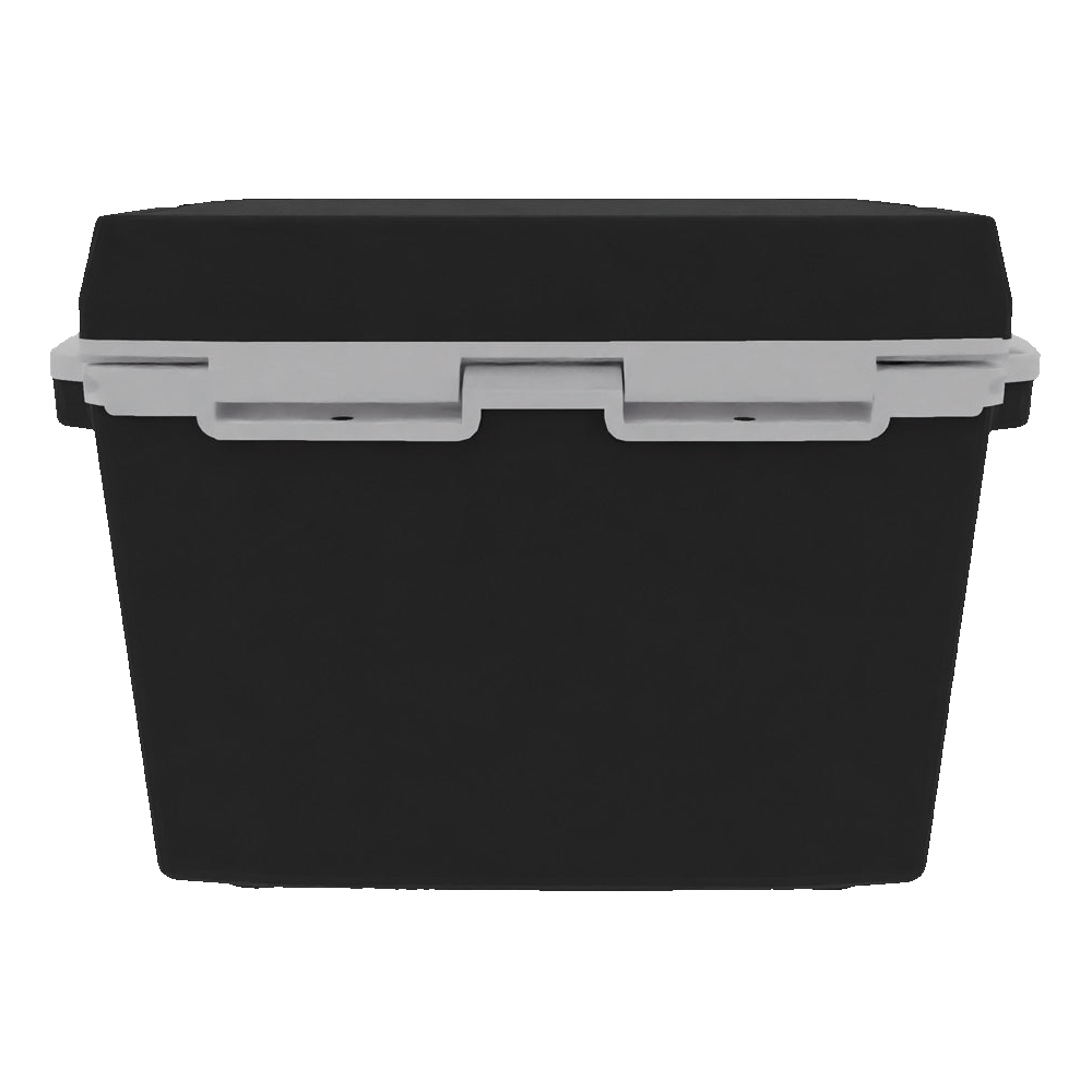 Back of the small black hard cooler with a white lid rim