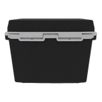 Back of the small black hard cooler with a white lid rim