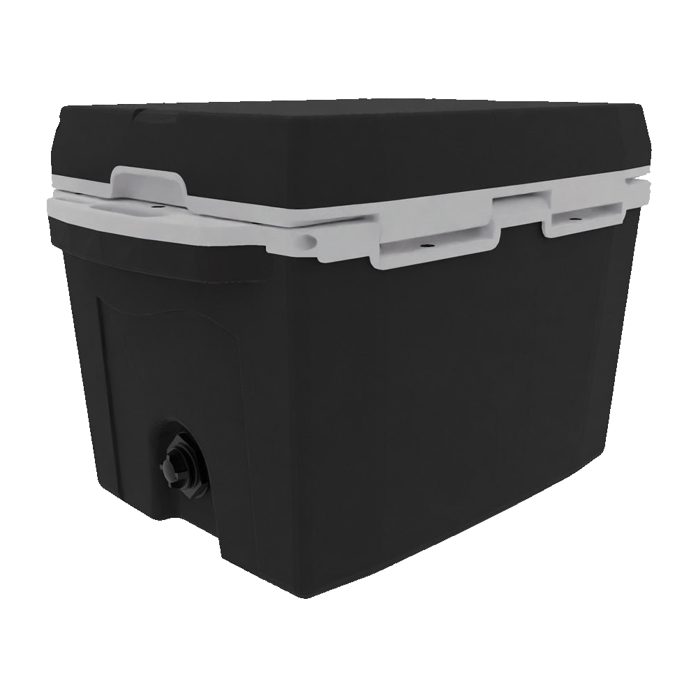 Small black hard cooler from the back corner with the drain plug showing
