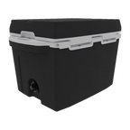 Small black hard cooler from the back corner with the drain plug showing