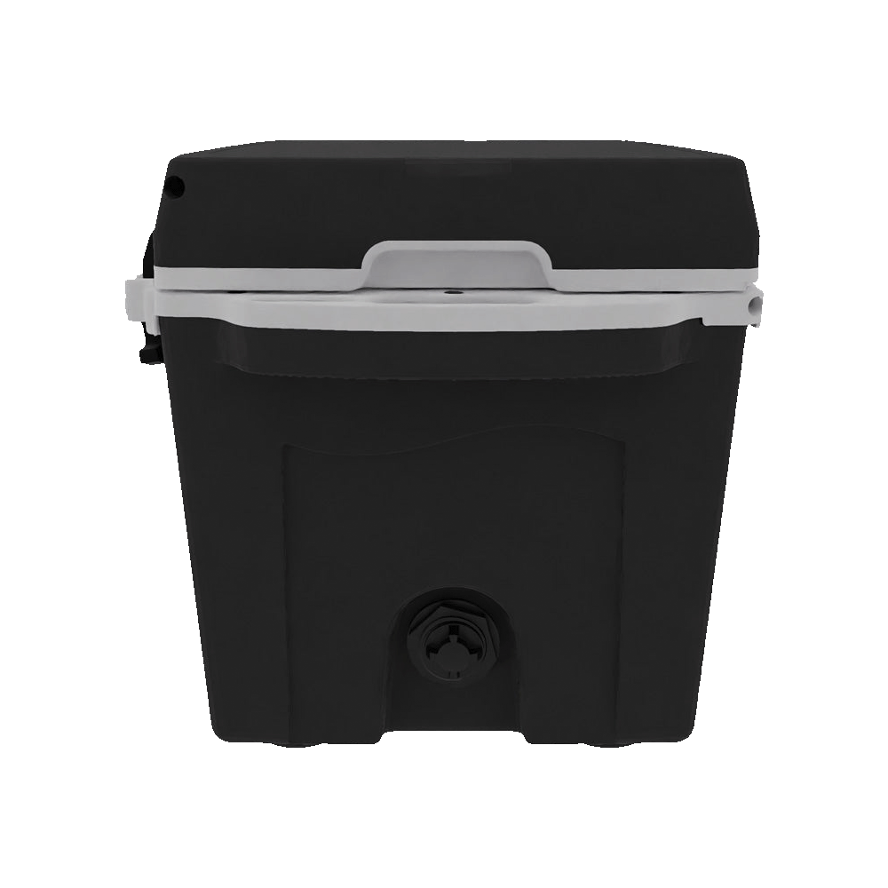 End of the small black hard cooler with the drain plug at the bottom