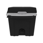 End of the small black hard cooler with the drain plug at the bottom