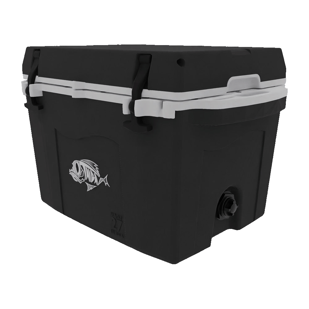 Small black hard cooler with a white lid rim, two latches, a silver fish logo and a drain plug, at an angle
