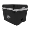 Small black hard cooler with a white lid rim, two latches, a silver fish logo and a drain plug, at an angle