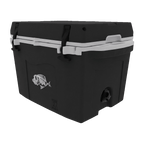 Small black hard cooler with a white lid rim, two latches, a silver fish logo and a drain plug, at an angle
