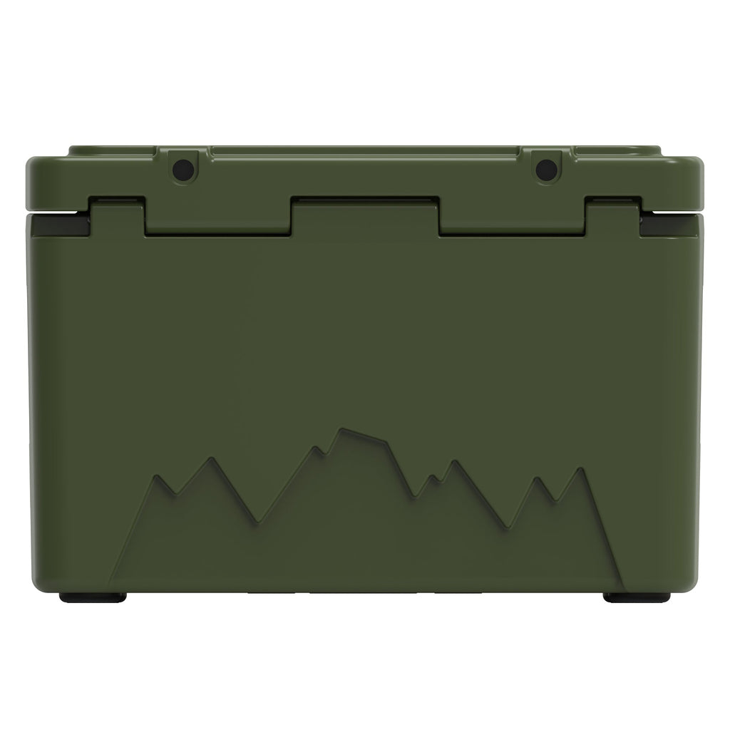 Back of the olive green hard cooler showing the lid hinges and a mountain graphic