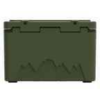 Back of the olive green hard cooler showing the lid hinges and a mountain graphic