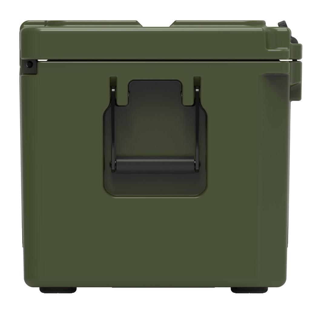 End of the olive green hard cooler showing a recessed molded handle