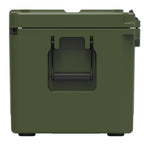 End of the olive green hard cooler showing a recessed molded handle