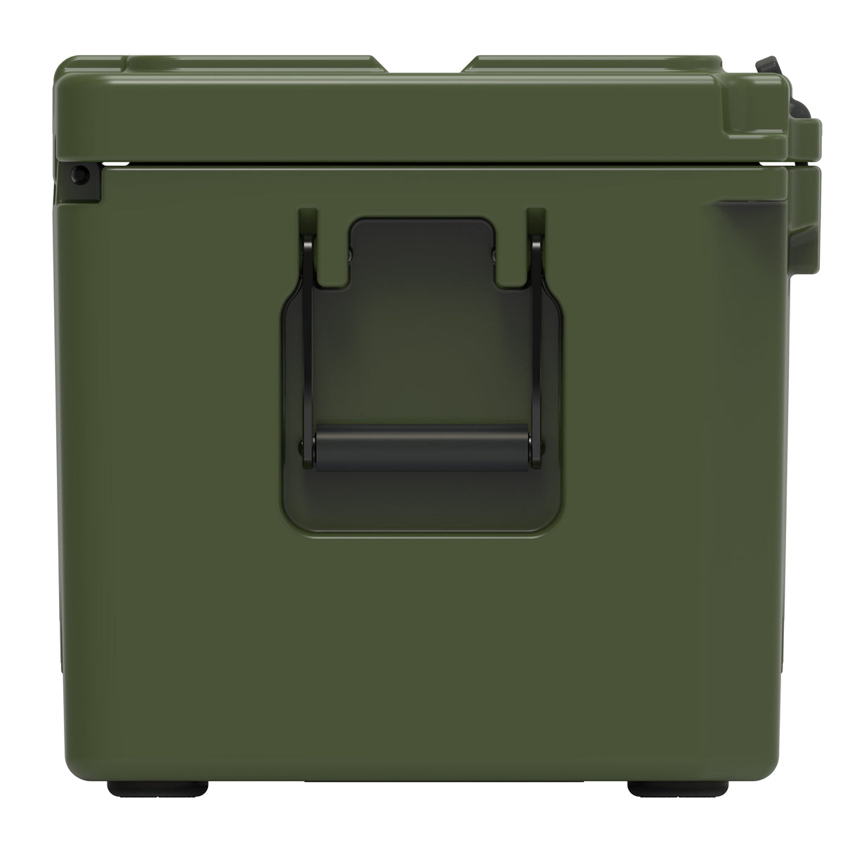 End of the olive green hard cooler showing a recessed molded handle