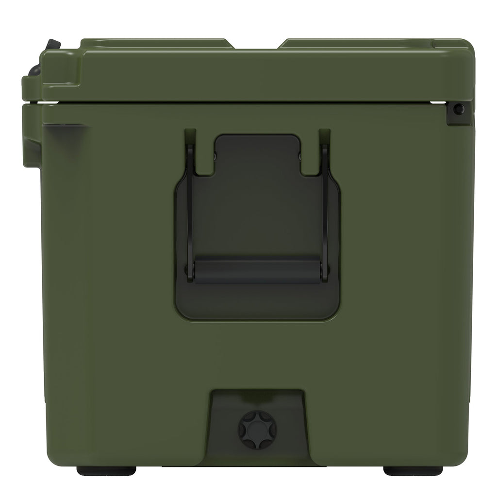 End of the olive green hard cooler showing a molded handle and the drain plug