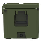 End of the olive green hard cooler showing a molded handle and the drain plug