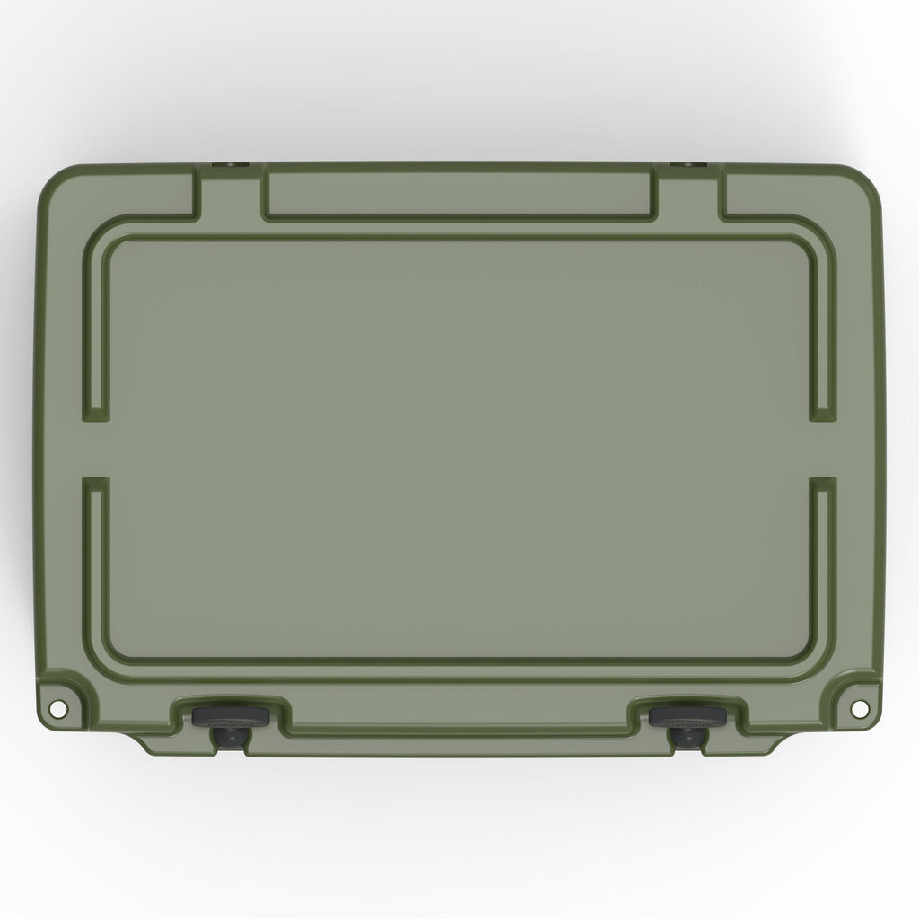 Top-down view of the olive green hard cooler's closed lid