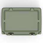Top-down view of the olive green hard cooler's closed lid