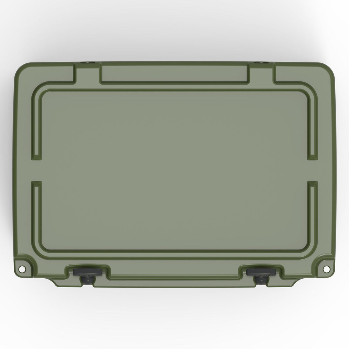 Top-down view of the olive green hard cooler's closed lid