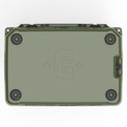 Underside of the olive green hard cooler with four rubber feet and a molded C logo