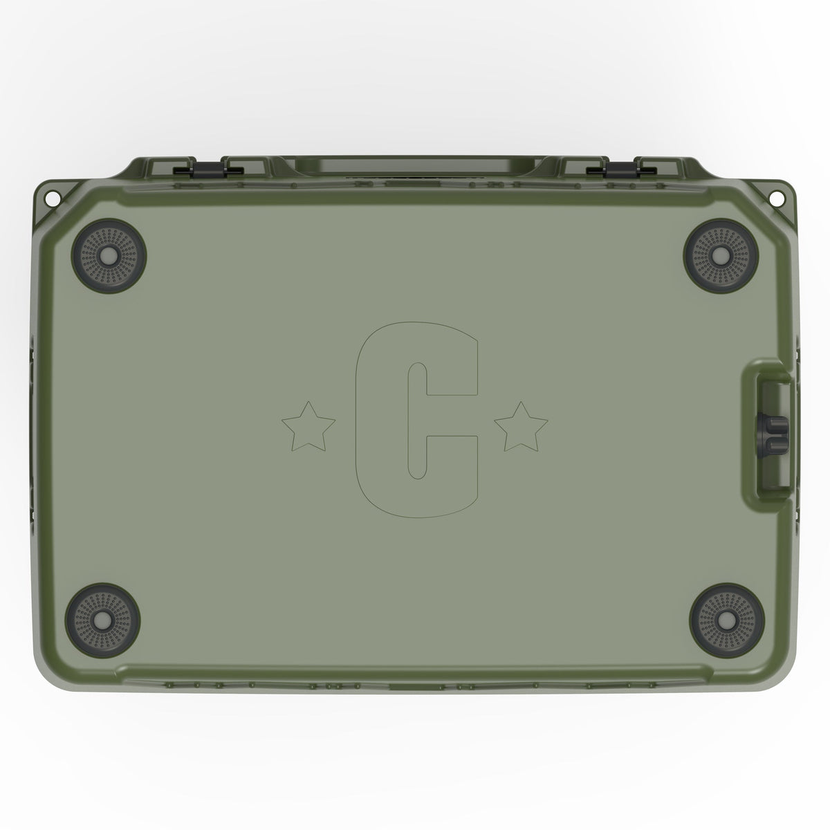 Underside of the olive green hard cooler with four rubber feet and a molded C logo
