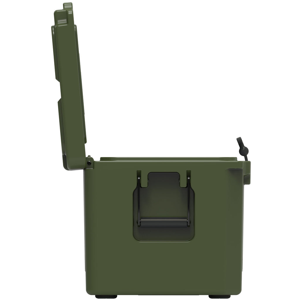 End view of the olive green hard cooler with the lid standing fully open