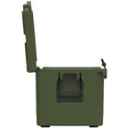 End view of the olive green hard cooler with the lid standing fully open
