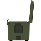 End view of the olive green hard cooler from the drain side with the lid fully open