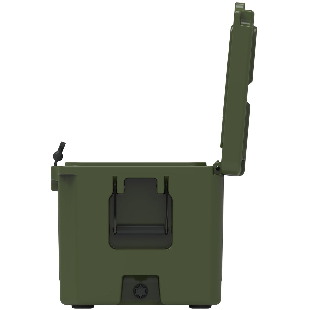 End view of the olive green hard cooler from the drain side with the lid fully open