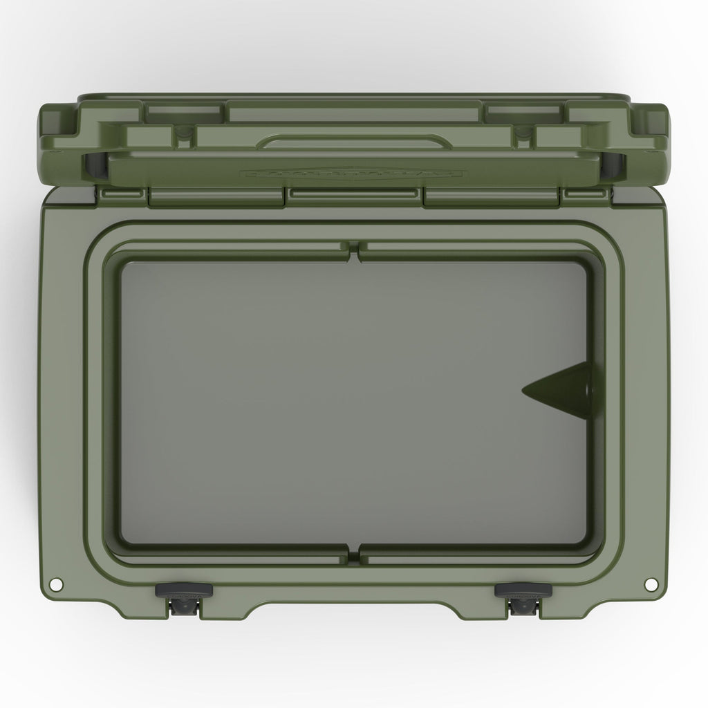 Top-down view into the open olive green hard cooler's empty insulated well