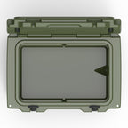 Top-down view into the open olive green hard cooler's empty insulated well