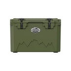 Olive green 45 qt hard cooler from the front, shown smaller on white