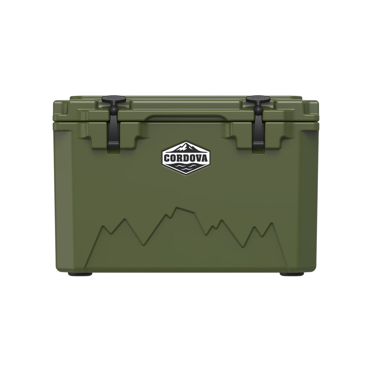 Olive green 45 qt hard cooler from the front, shown smaller on white