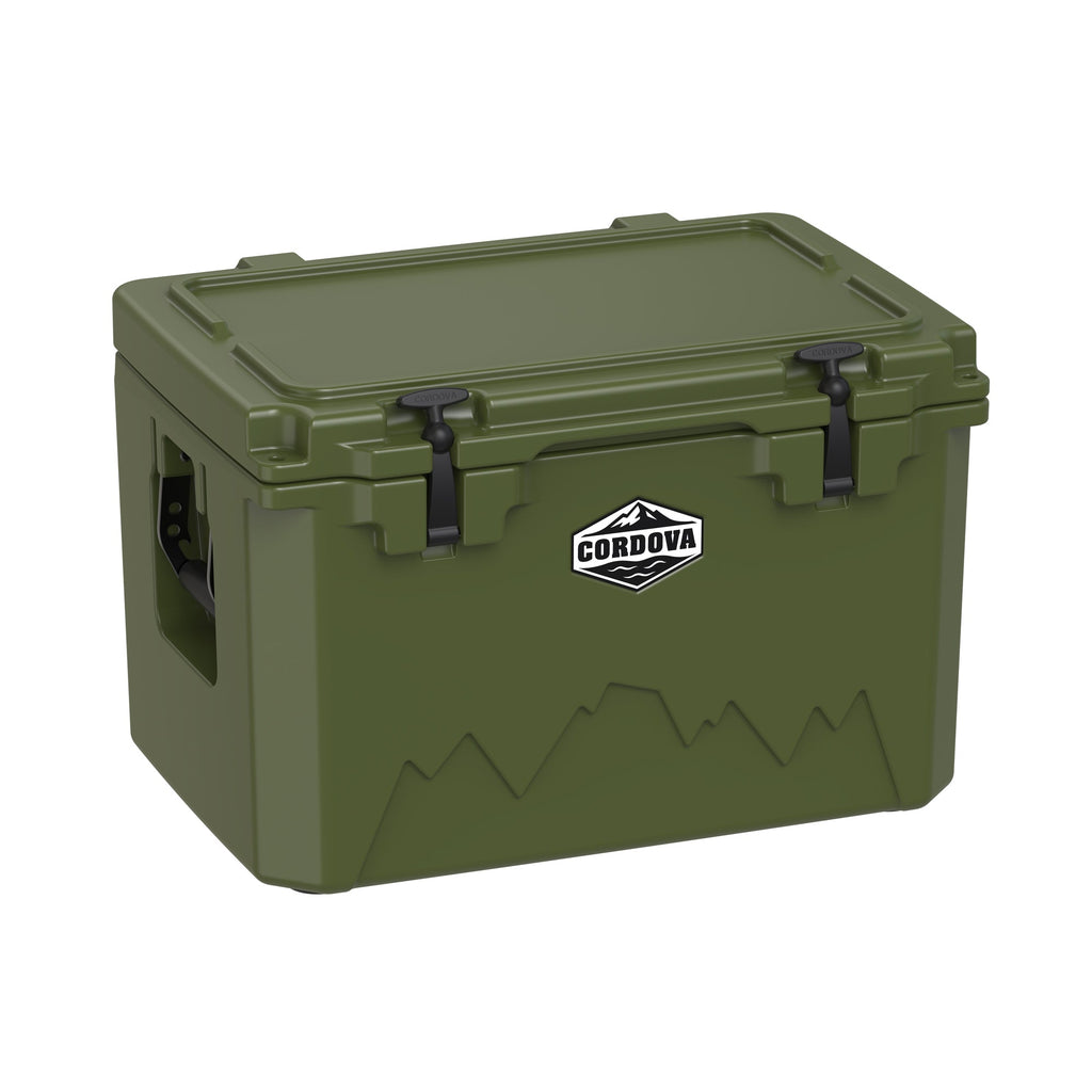 Olive green hard cooler at an angle with the lid closed and a molded side handle showing
