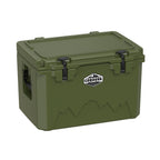 Olive green hard cooler at an angle with the lid closed and a molded side handle showing