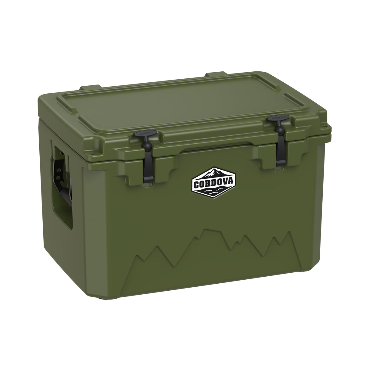 Olive green hard cooler at an angle with the lid closed and a molded side handle showing