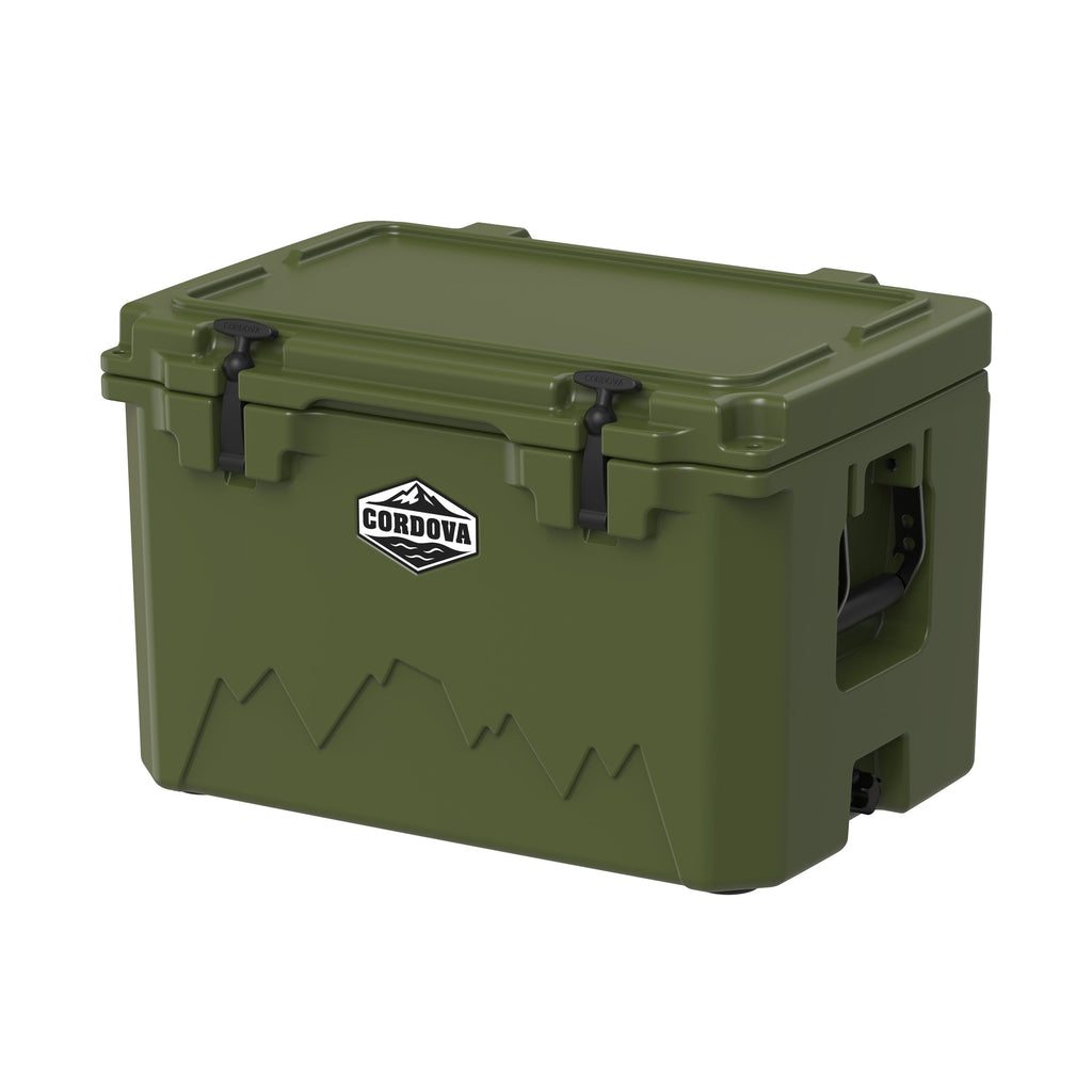Olive green hard cooler at an angle from the other corner, lid closed