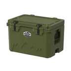 Olive green hard cooler at an angle from the other corner, lid closed