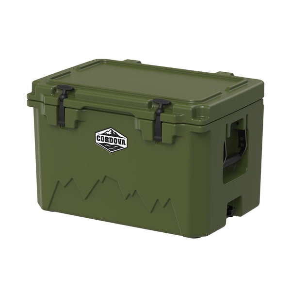 Olive green hard cooler at an angle from the other corner, lid closed