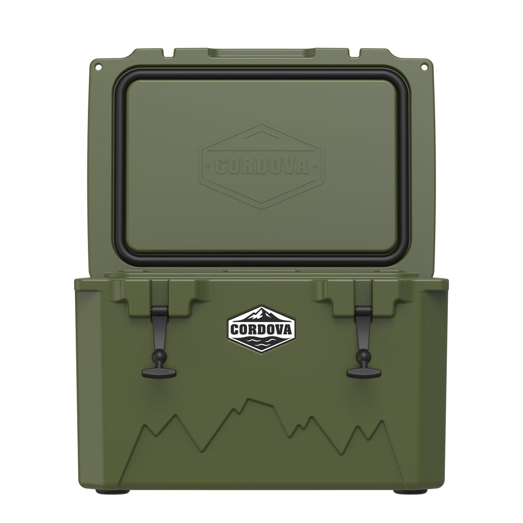 Olive green hard cooler from the front with the lid standing open