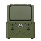 Olive green hard cooler from the front with the lid standing open