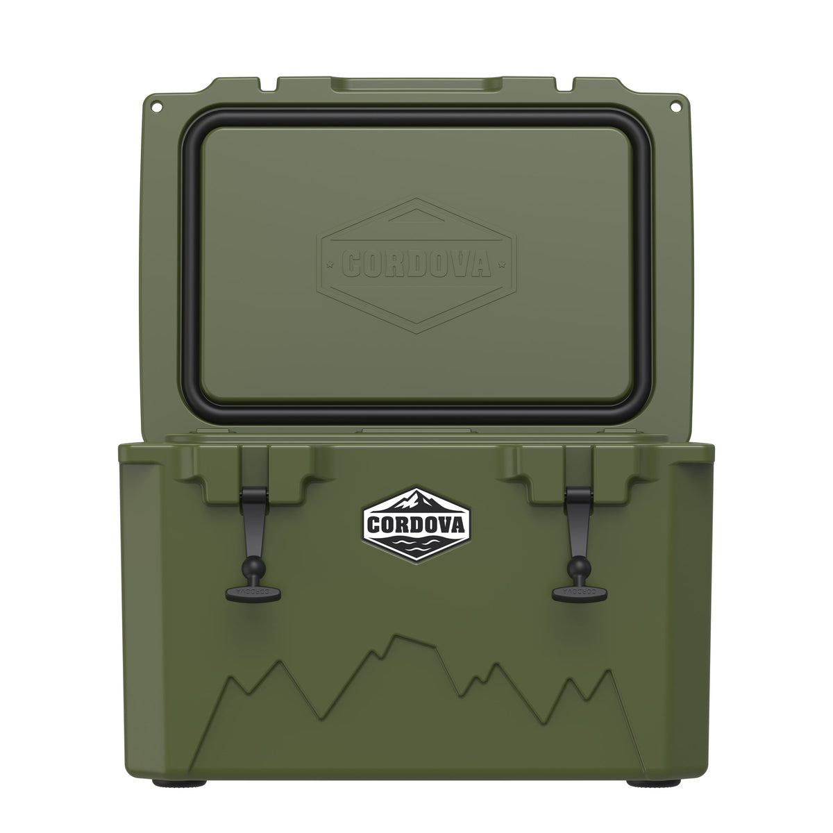 Olive green hard cooler from the front with the lid standing open