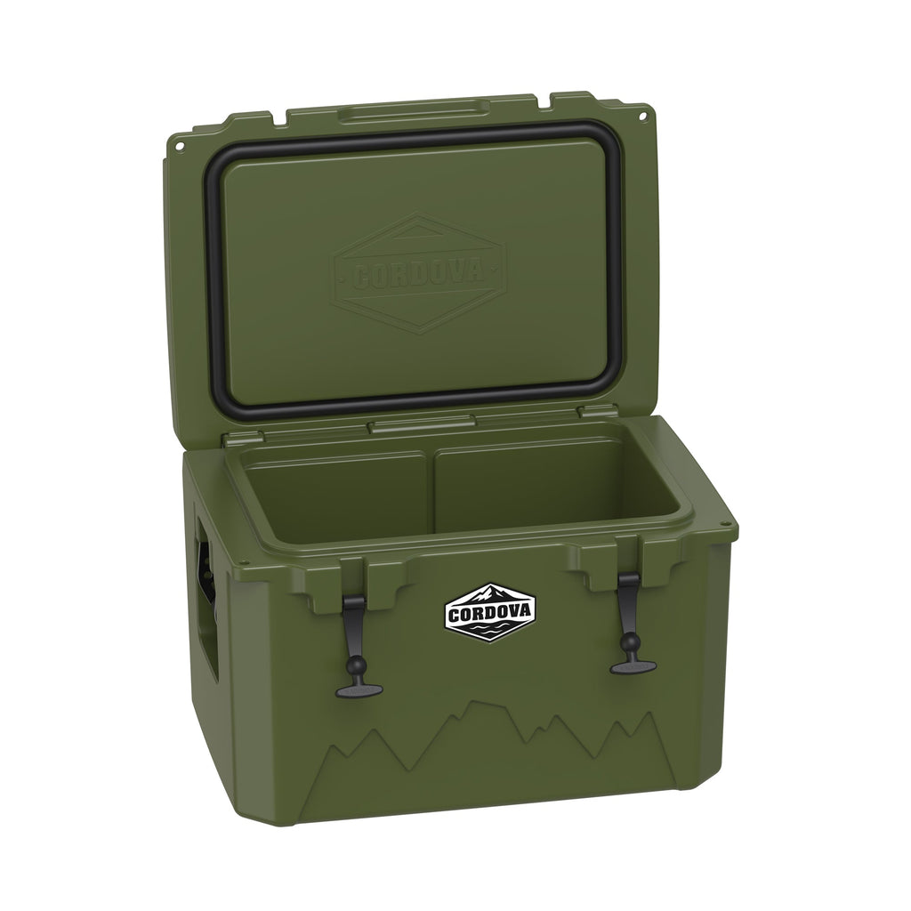 Olive green hard cooler at an angle with the lid open, showing the gasket and empty well