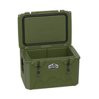 Olive green hard cooler at an angle with the lid open, showing the gasket and empty well