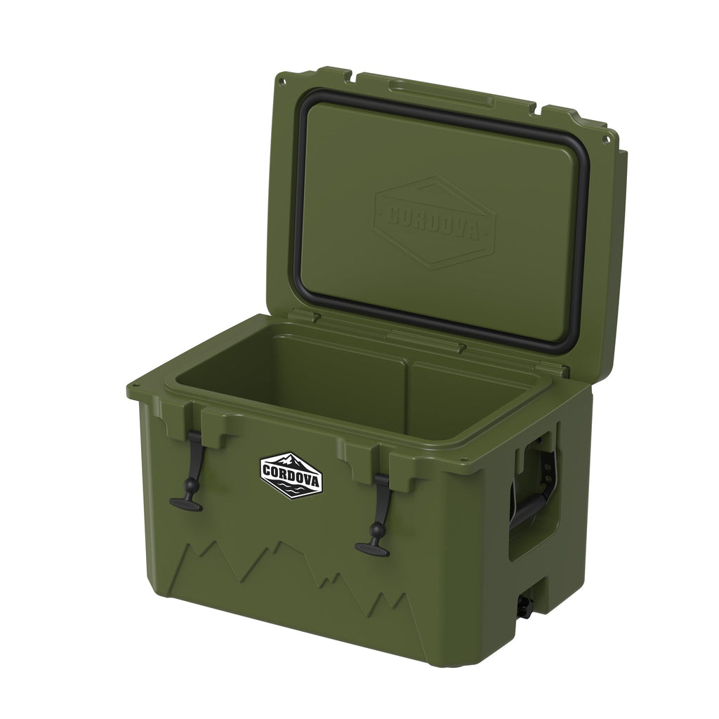 Olive green hard cooler from a low angle with the lid propped open