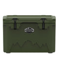 Olive green hard cooler from the front, two black rubber latches, a Cordova badge and a mountain graphic