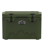 Olive green hard cooler from the front, two black rubber latches, a Cordova badge and a mountain graphic