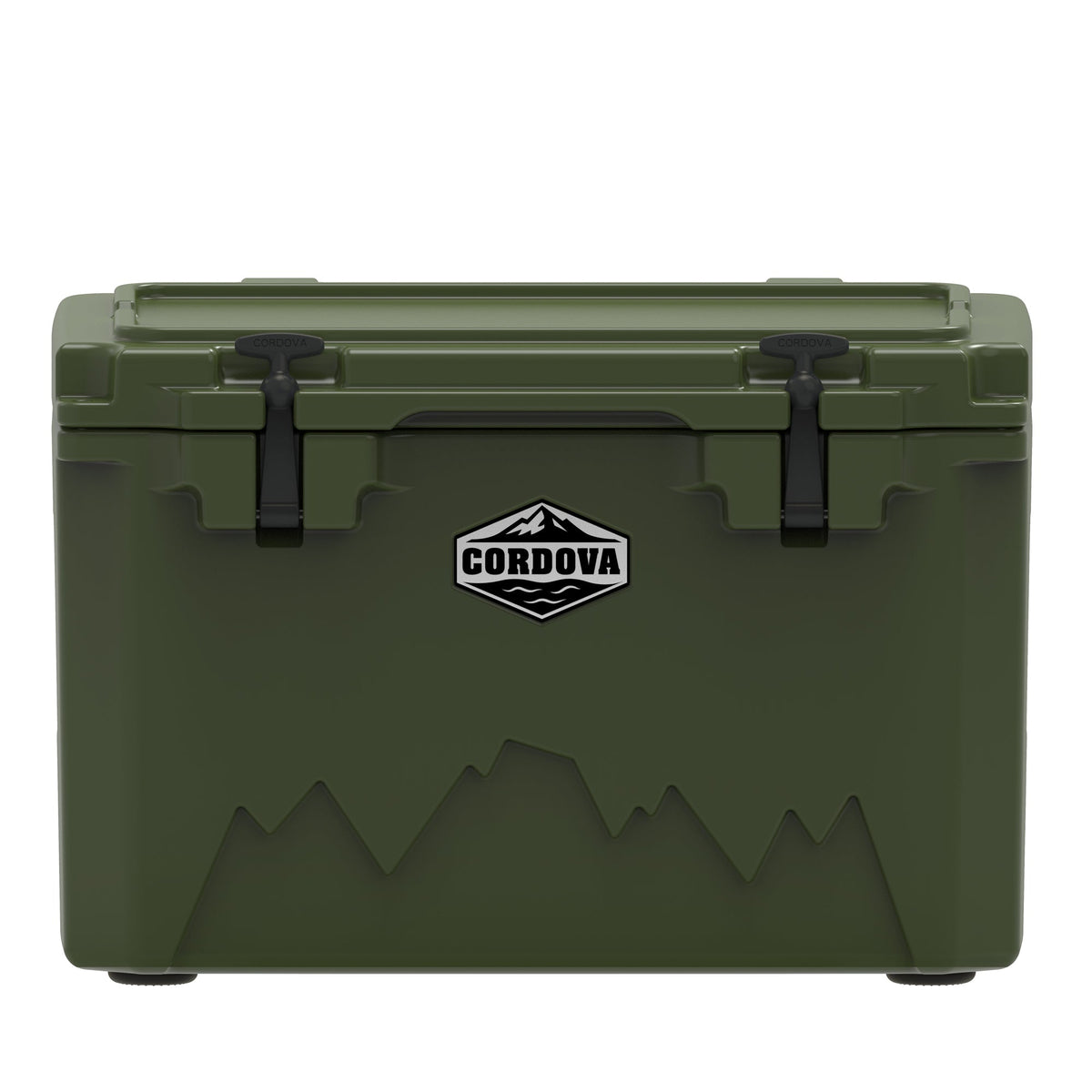 Olive green hard cooler from the front, two black rubber latches, a Cordova badge and a mountain graphic