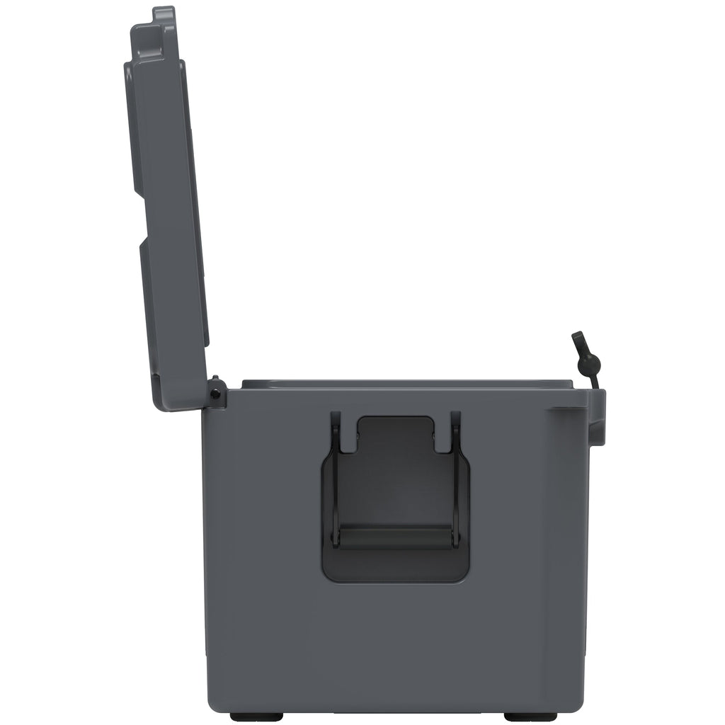 End view of the charcoal gray hard cooler with the lid standing fully open