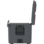 End view of the charcoal gray hard cooler from the drain side with the lid fully open