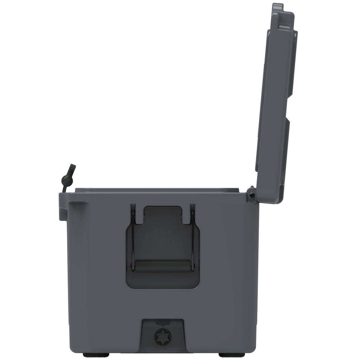 End view of the charcoal gray hard cooler from the drain side with the lid fully open
