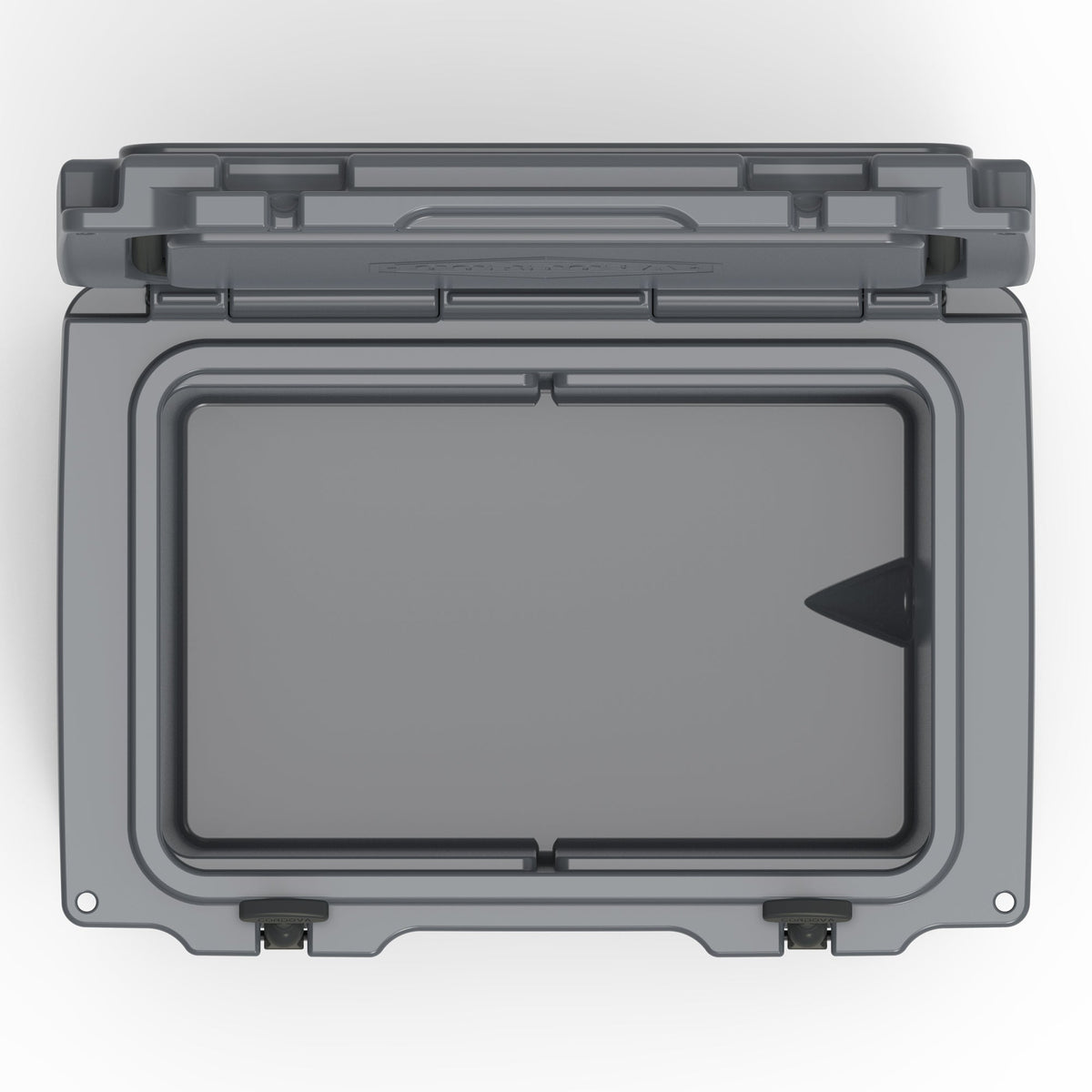 Top-down view into the open charcoal gray hard cooler's empty insulated well