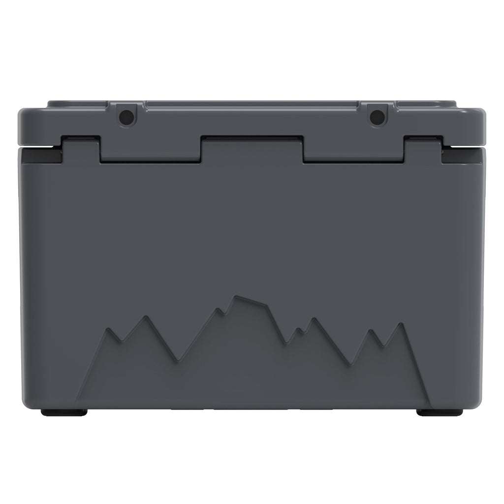 Back of the charcoal gray hard cooler showing the lid hinges and a mountain graphic